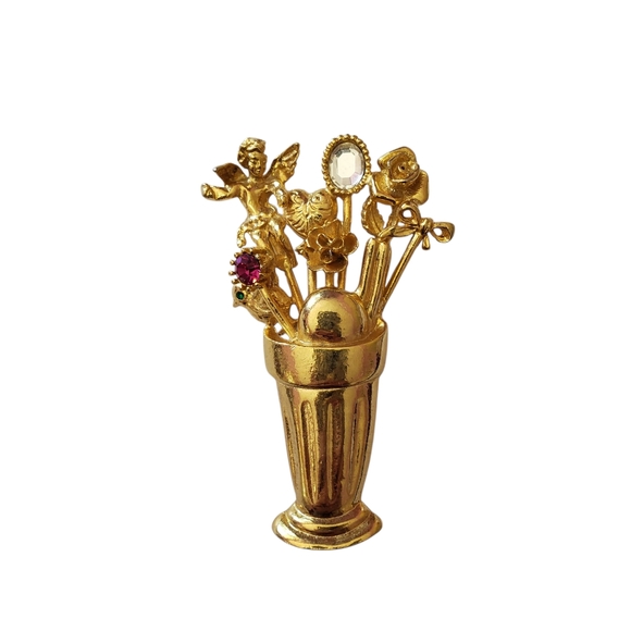 LARGE VINTAGE BROOCH PIN Vase with "Stick Pins" Cupid Bird Heart - Picture 1 of 12